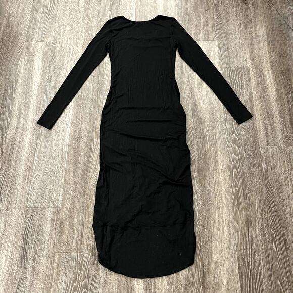 NWOT Marcella NYC Black Long Sleeve Ruched Tulip Hem Midi Dress M Tencel Bodycon - Picture 13 of 15